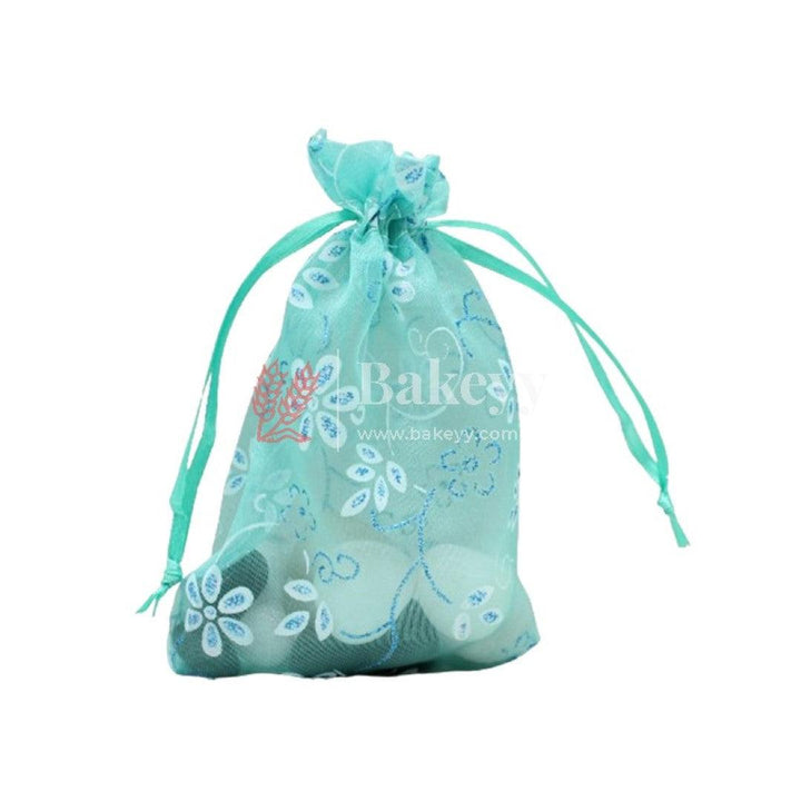 4x6 Inch | Floral Designs Organza Potli Bags | Pack of 100 | Turquoise Color | Candy Bag - Bakeyy.com