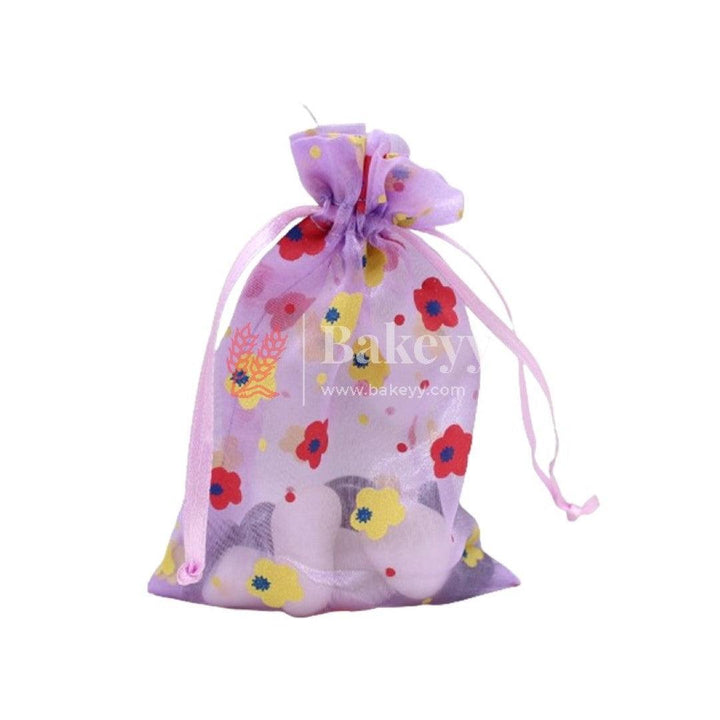 4x6 Inch | Floral Designs Organza Potli Bags | Pack of 100 | Violet Color | Candy Bag - Bakeyy.com