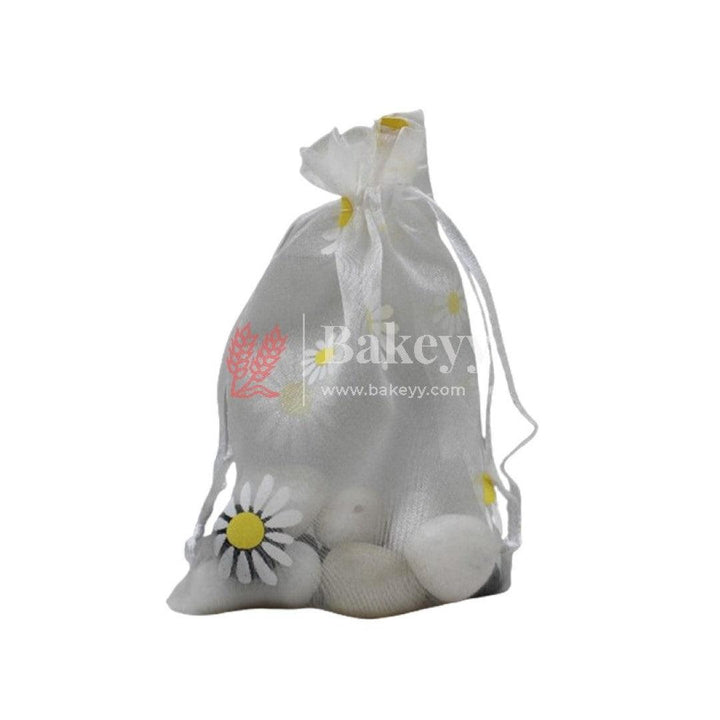 4x6 Inch | Floral Designs Organza Potli Bags | Pack of 100 | White Color | Candy Bag - Bakeyy.com