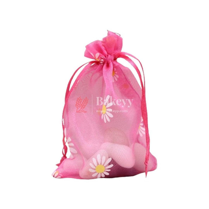 4x6 Inch | Floral Organza Potli Bags | Pack of 100 | Pink Color | Candy Bag - Bakeyy.com