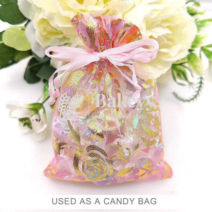 4x6 Inch | Printed Organza Potli Bags | Pack of 80 | Pink Colour | Candy Bag - Bakeyy.com
