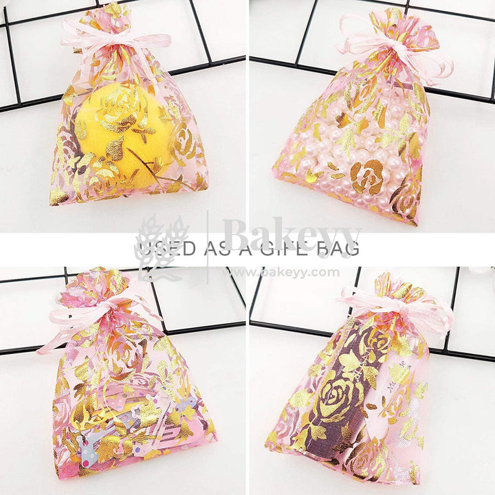 4x6 Inch | Printed Organza Potli Bags | Pack of 80 | Pink Colour | Candy Bag - Bakeyy.com