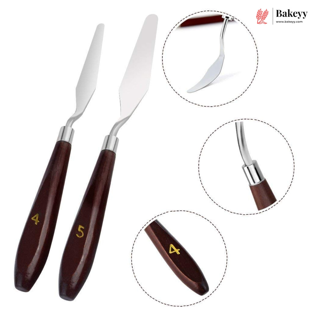 Two metal cake and pastry spatulas with dark brown wooden handles numbered 4 and 5, shown on a white background with three circular detail insets and a Bakeyy logo in the top right.
