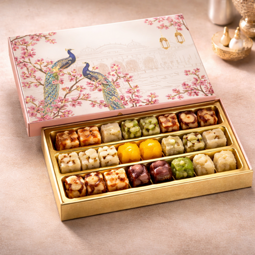 Premium Rigid Floral Printed Box
Gold Finished Inner Base
3 Separate Long Compartments
Transparent Food Grade Plastic Inserts
Perfect for Sweets, Chocolates &amp; Dry Fruits
Ideal for Festive &amp; Wedding Gifting