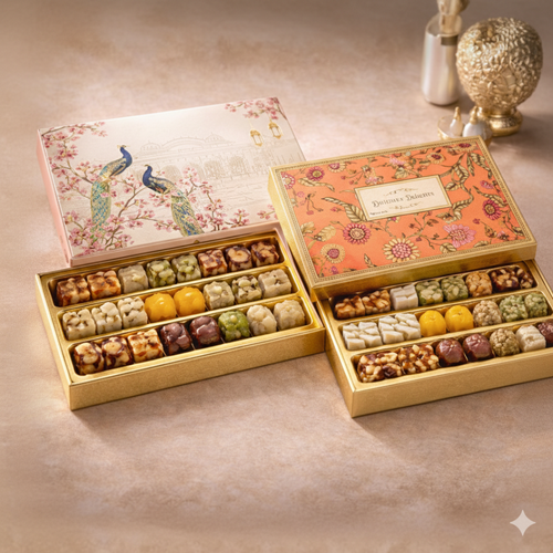 Premium Rigid Floral Printed Box
Gold Finished Inner Base
3 Separate Long Compartments
Transparent Food Grade Plastic Inserts
Perfect for Sweets, Chocolates &amp; Dry Fruits
Ideal for Festive &amp; Wedding Gifting