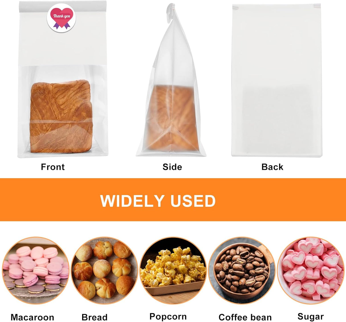 22x28x10.5 CM | 50 Pack | White Kraft Paper Bread Bags with Clear Window | Bakery Bags Tin Tie Tab Lock Treat Bag