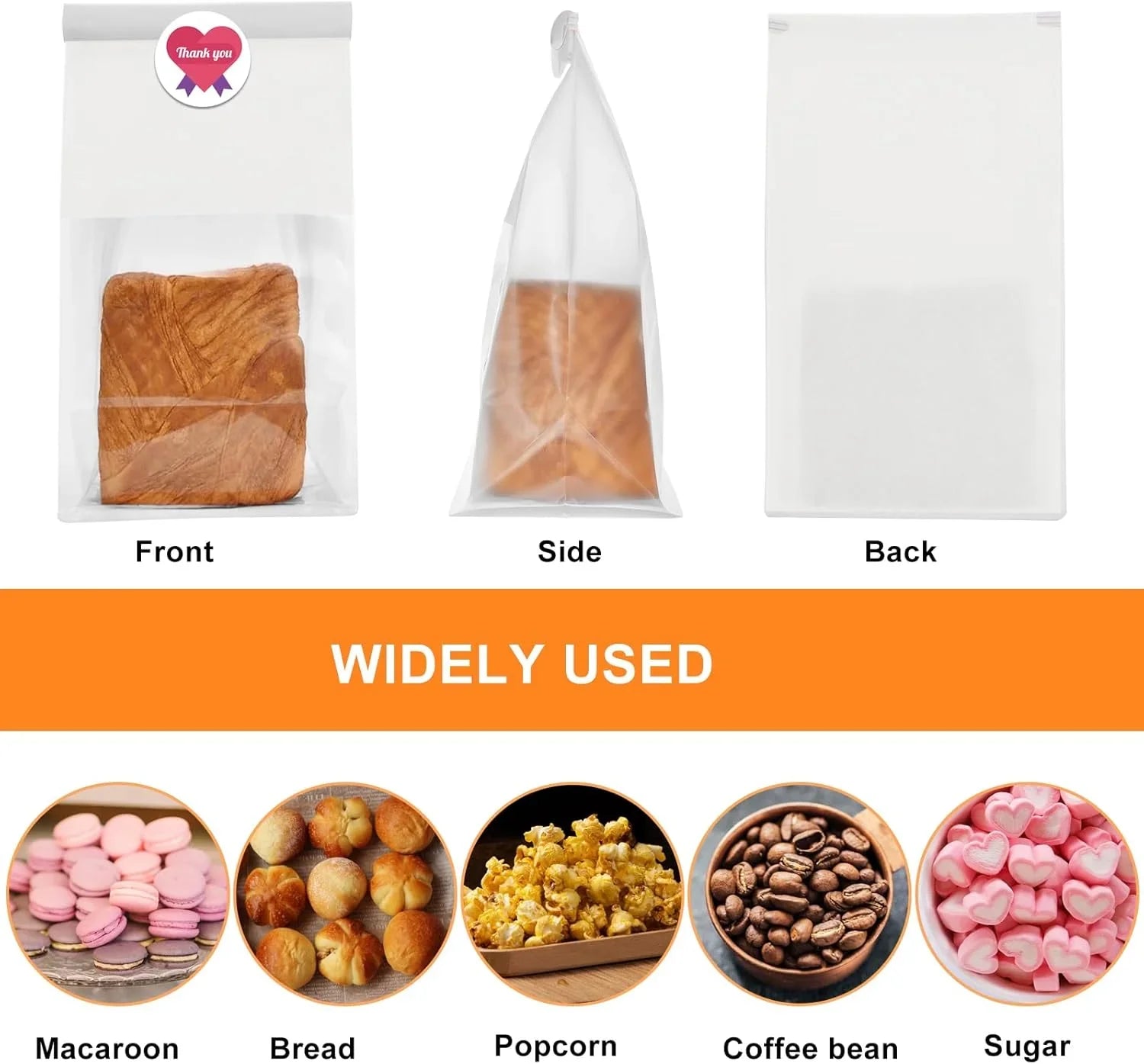 White Kraft Paper Bread Bags with Clear Window | Bakery Bags Tin Tie Tab Lock Treat Bag| Pack of 50