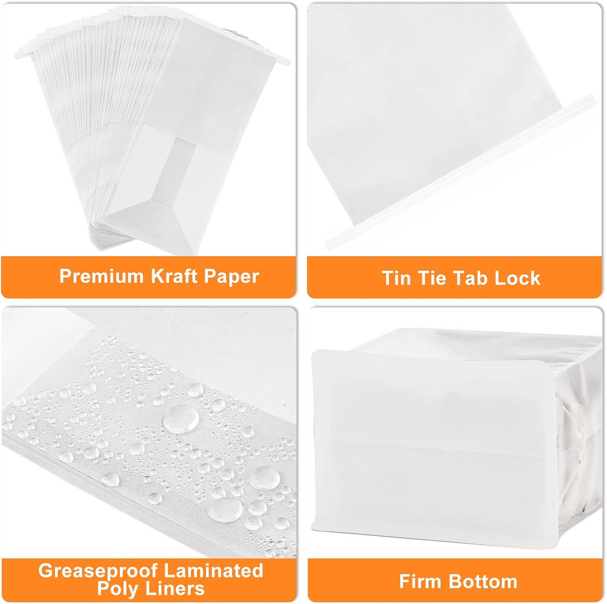 13x28x10 CM | 50 Pack | White Kraft Paper Bread Bags with Clear Window | Bakery Bags Tin Tie Tab Lock Treat Bag