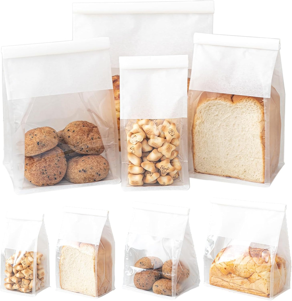 14x22x8 CM | 50 Pack | White Kraft Paper Bread Bags with Clear Window | Bakery Bags Tin Tie Tab Lock Treat Bag