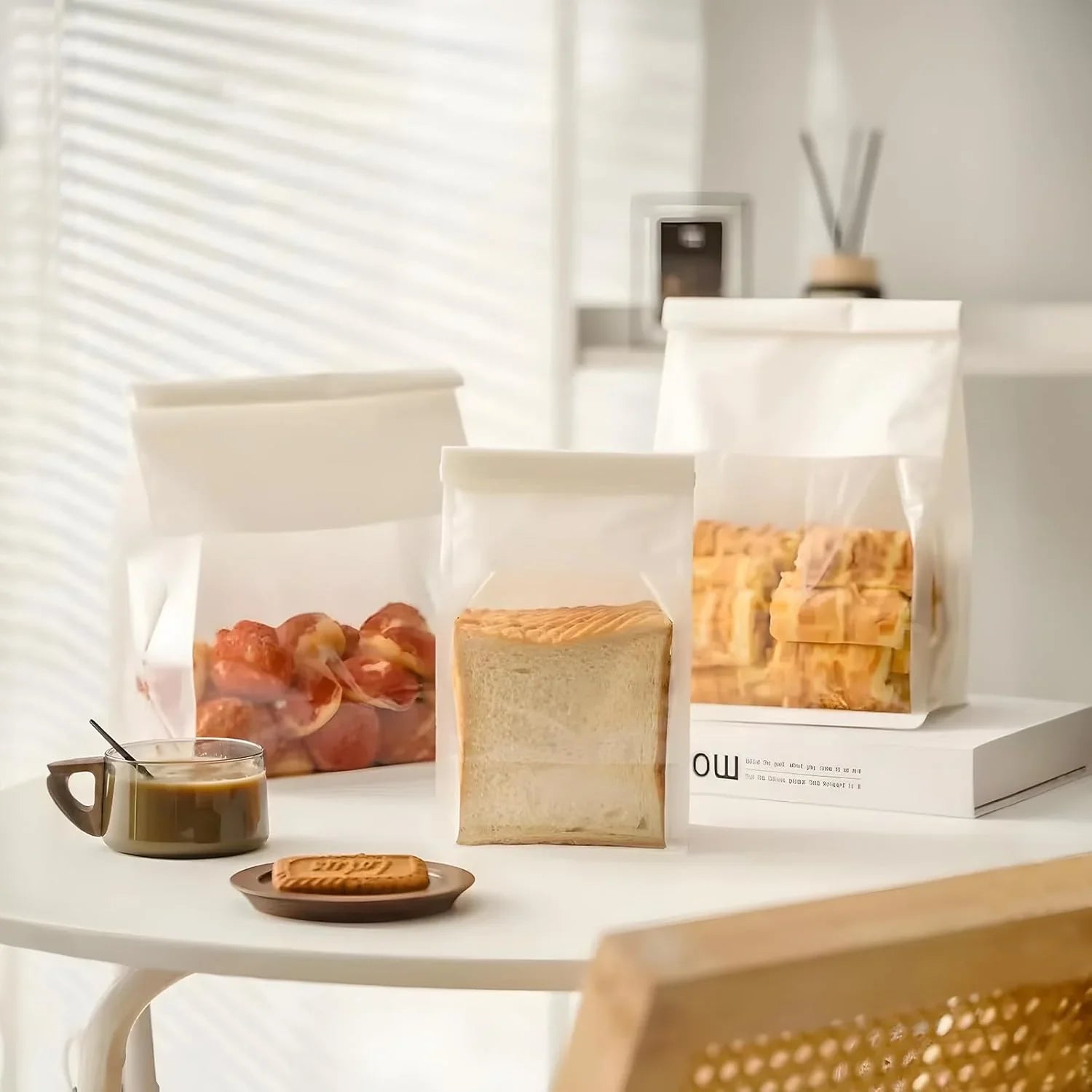 White Kraft Paper Bread Bags with Clear Window | Bakery Bags Tin Tie Tab Lock Treat Bag| Pack of 50