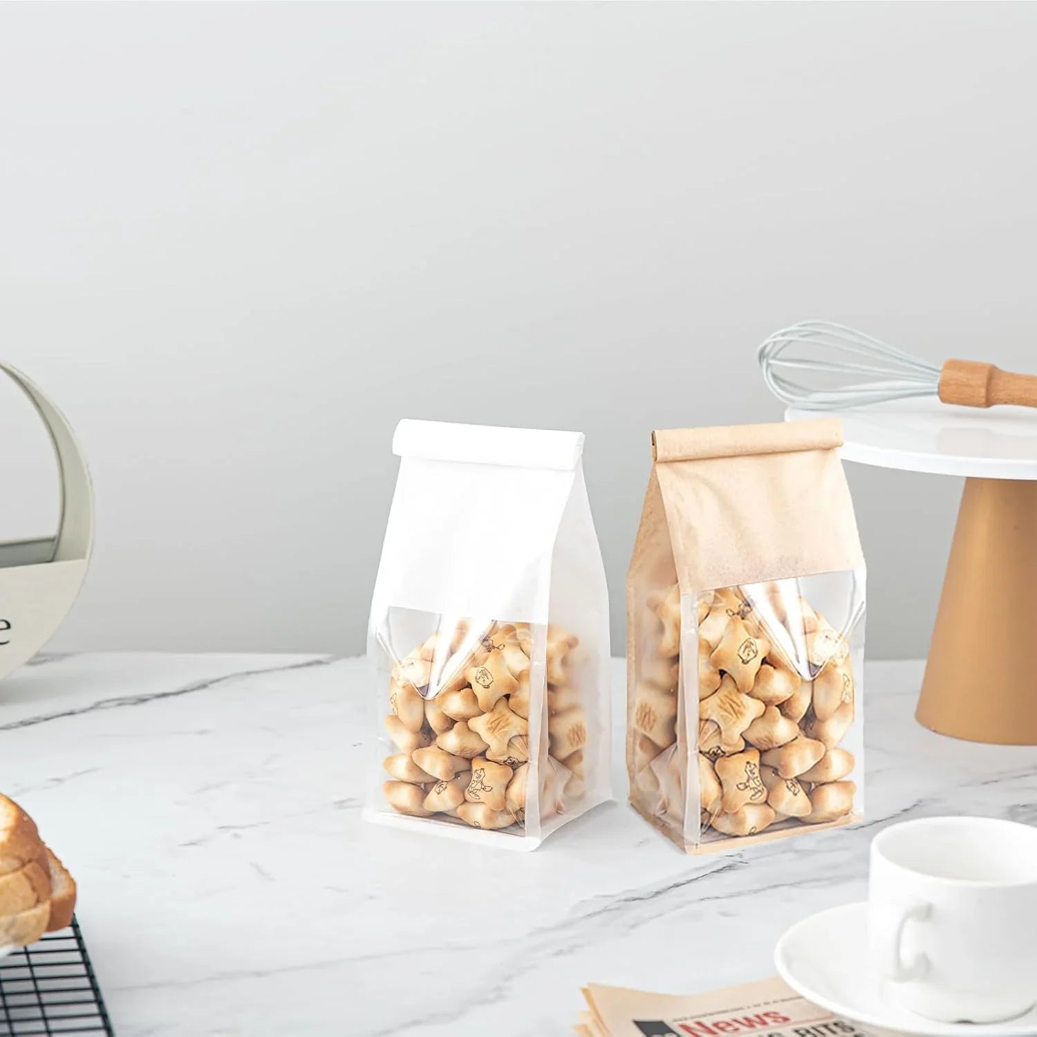 White Kraft Paper Bread Bags with Clear Window | Bakery Bags Tin Tie Tab Lock Treat Bag| Pack of 50