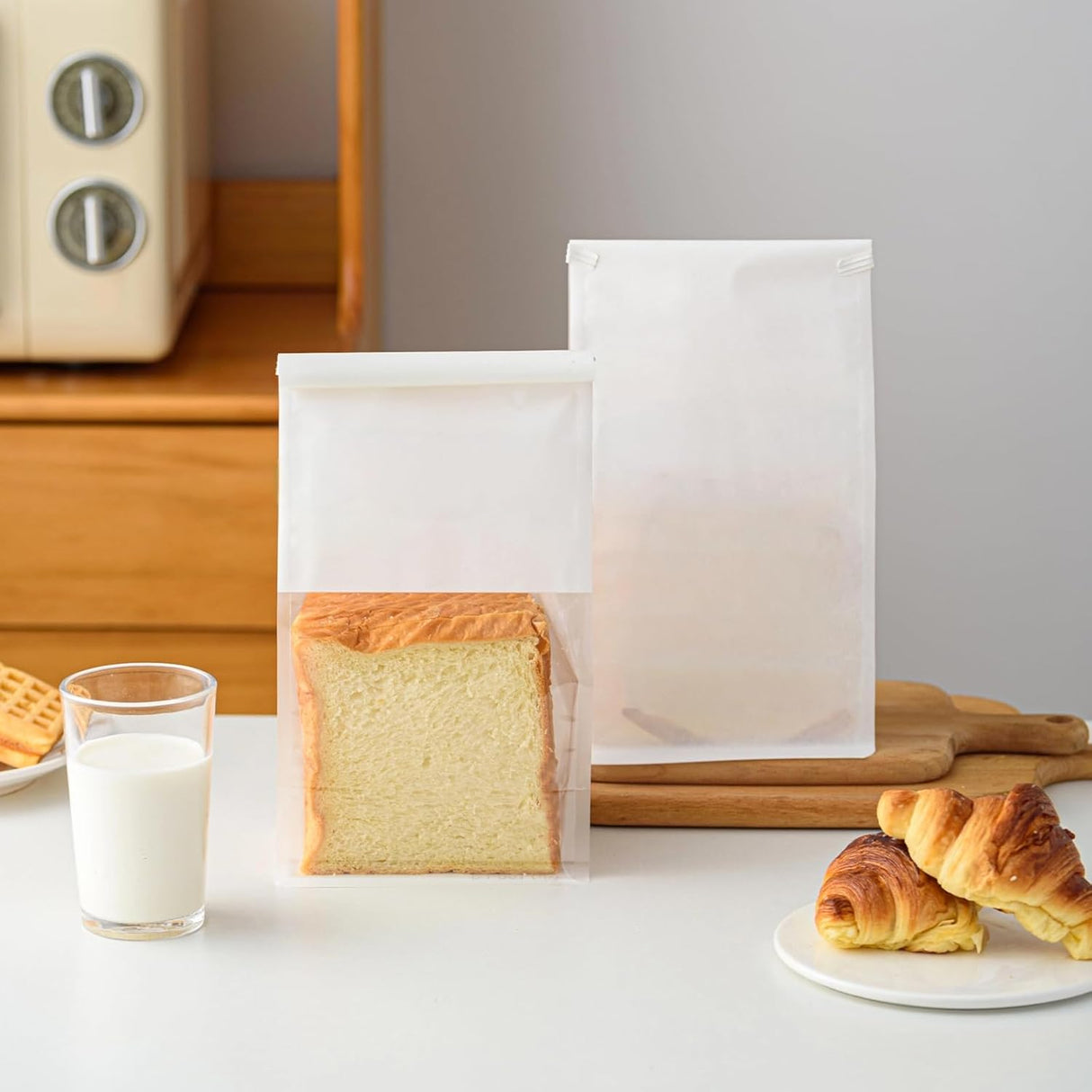 22x28x10.5 CM | 50 Pack | White Kraft Paper Bread Bags with Clear Window | Bakery Bags Tin Tie Tab Lock Treat Bag