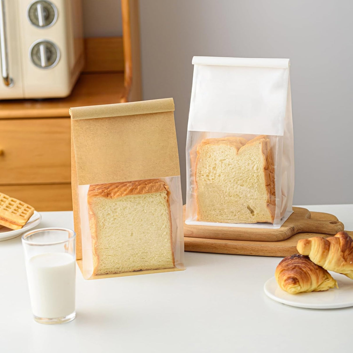 22x28x10.5 CM | 50 Pack | White Kraft Paper Bread Bags with Clear Window | Bakery Bags Tin Tie Tab Lock Treat Bag