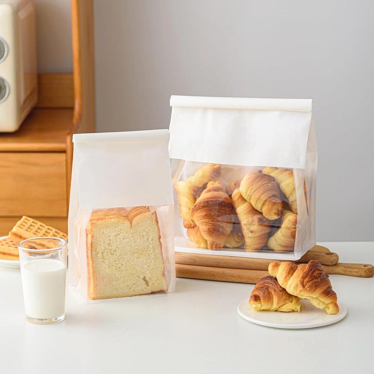 13x28x10 CM | 50 Pack | White Kraft Paper Bread Bags with Clear Window | Bakery Bags Tin Tie Tab Lock Treat Bag