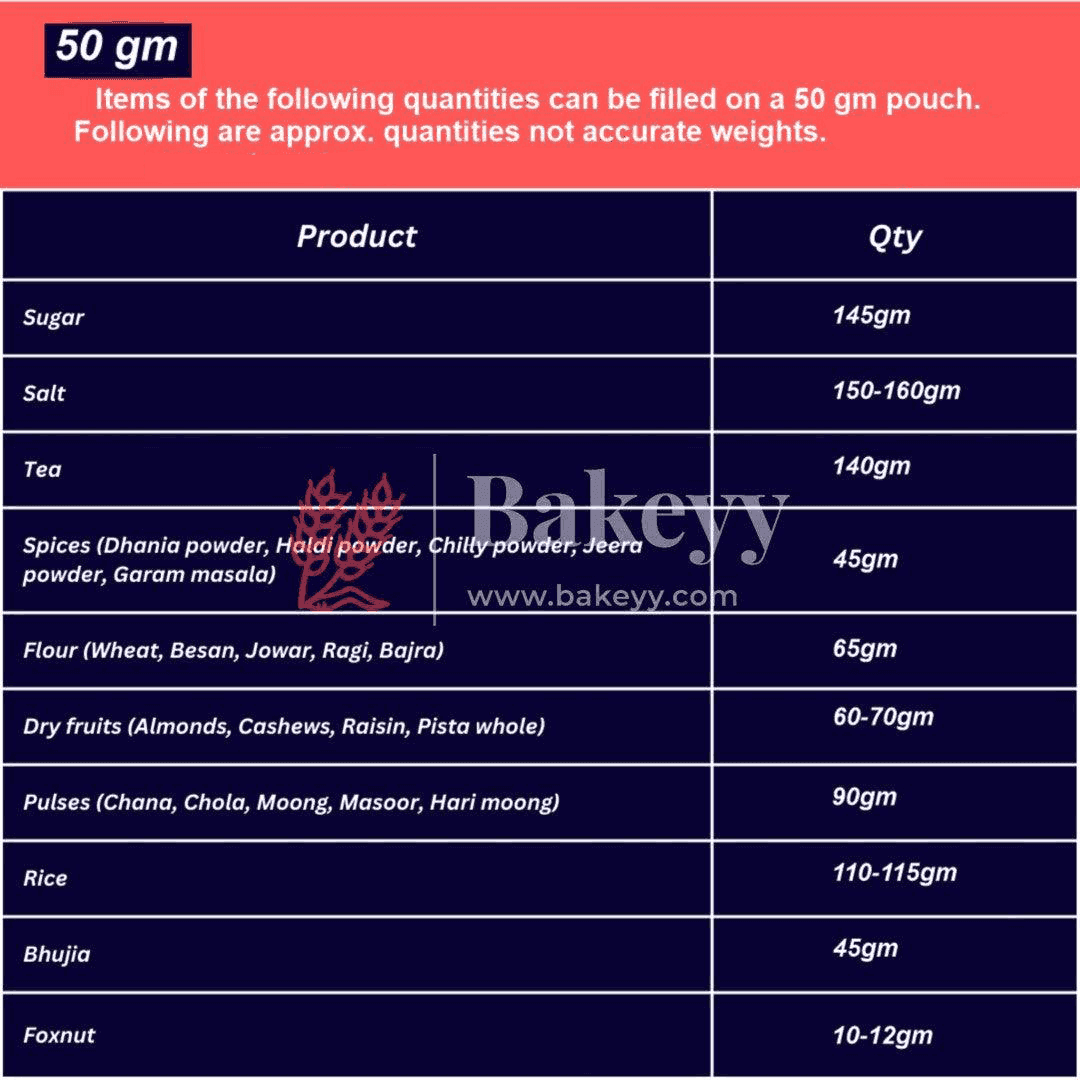 50 gm | Zip Lock Pouch | Clear Stand-up Pouch | 10x13.5 CM | Standing Pouch | 110 GSM | - Bakeyy.com - India - 50 gm | Zip Lock Pouch | Clear Stand-up Pouch | 10x13.5 CM | Standing Pouch | 110 GSM | - Pack Of 50 / 10x13.5 cm / 50 gm