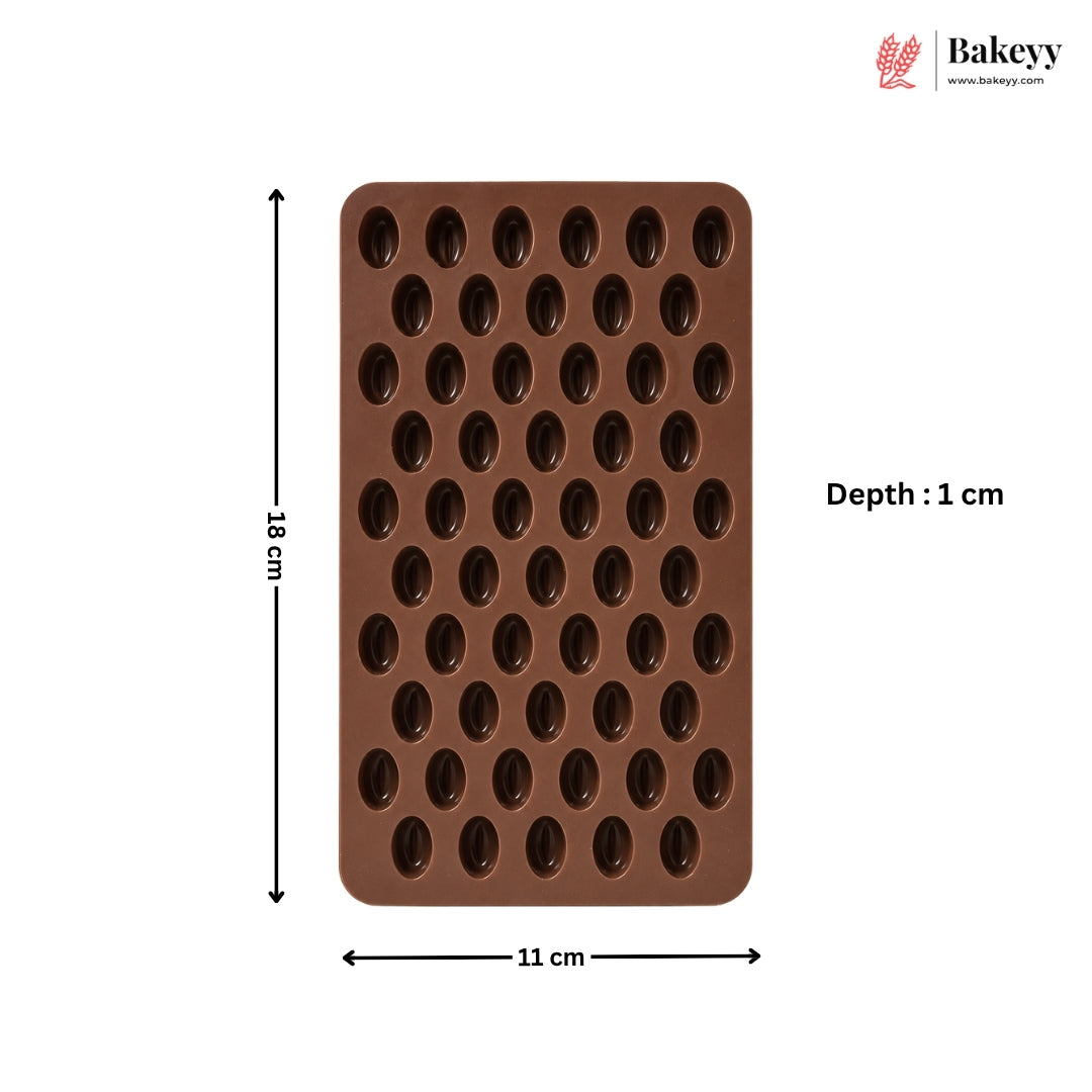 A brown silicone mold with oval cavities, shown with dimension labels indicating 18 cm height, 11 cm width, and 1 cm depth, on a white background with the Bakeey logo in the top right.