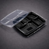 5 Compartment Plastic Meal Tray with Lid | Black Disposable Food Packaging Container for Takeaway, Catering & Meal Prep | Pack of 25