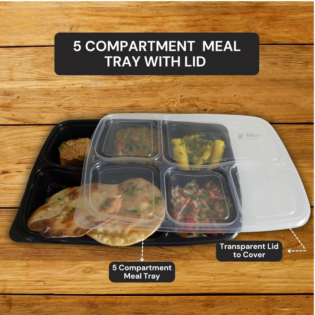 5 Compartment Plastic Meal Tray with Lid | Black Disposable Food Packaging Container for Takeaway, Catering & Meal Prep | Pack of 25