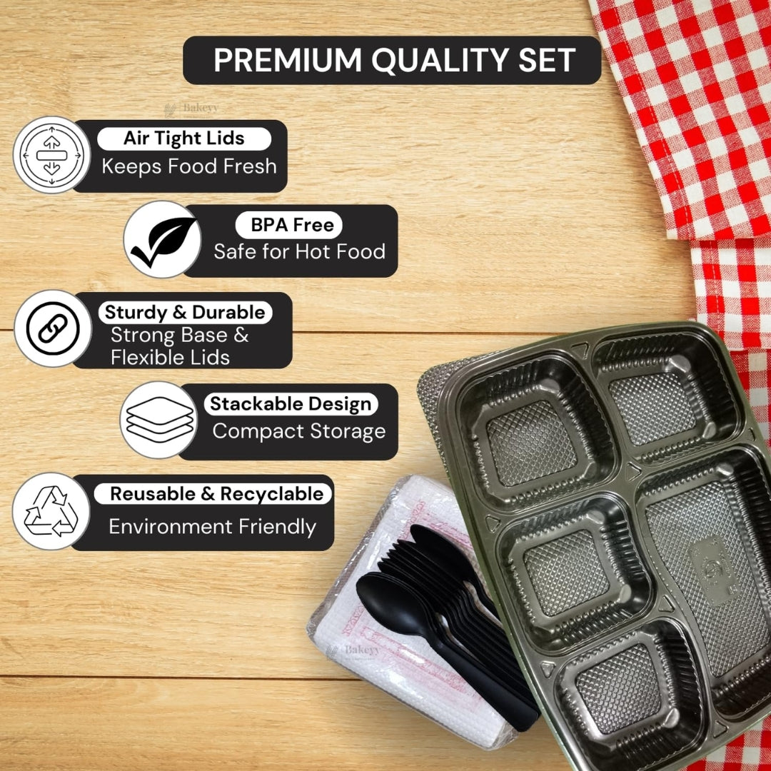 5 Compartment Plastic Meal Tray with Lid | Black Disposable Food Packaging Container for Takeaway, Catering & Meal Prep | Pack of 25