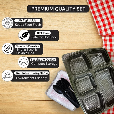 5 Compartment Plastic Meal Tray with Lid | Black Disposable Food Packaging Container for Takeaway, Catering & Meal Prep | Pack of 25