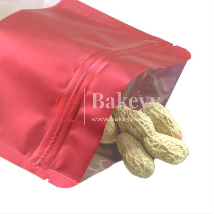 100 gm | Zip Lock Pouch |Red Color With Window | 10x17 CM | Standing Pouch - Bakeyy.com