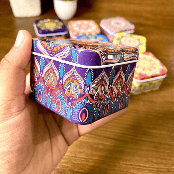 Matka Tin | Square Shaped Decorative Boxes | Pack Of 12 | Candle Tin Box | Different Designs | - Bakeyy.com - India - Matka Tin | Square Shaped Decorative Boxes | Pack Of 12 | Candle Tin Box | Different Designs | - Default Title