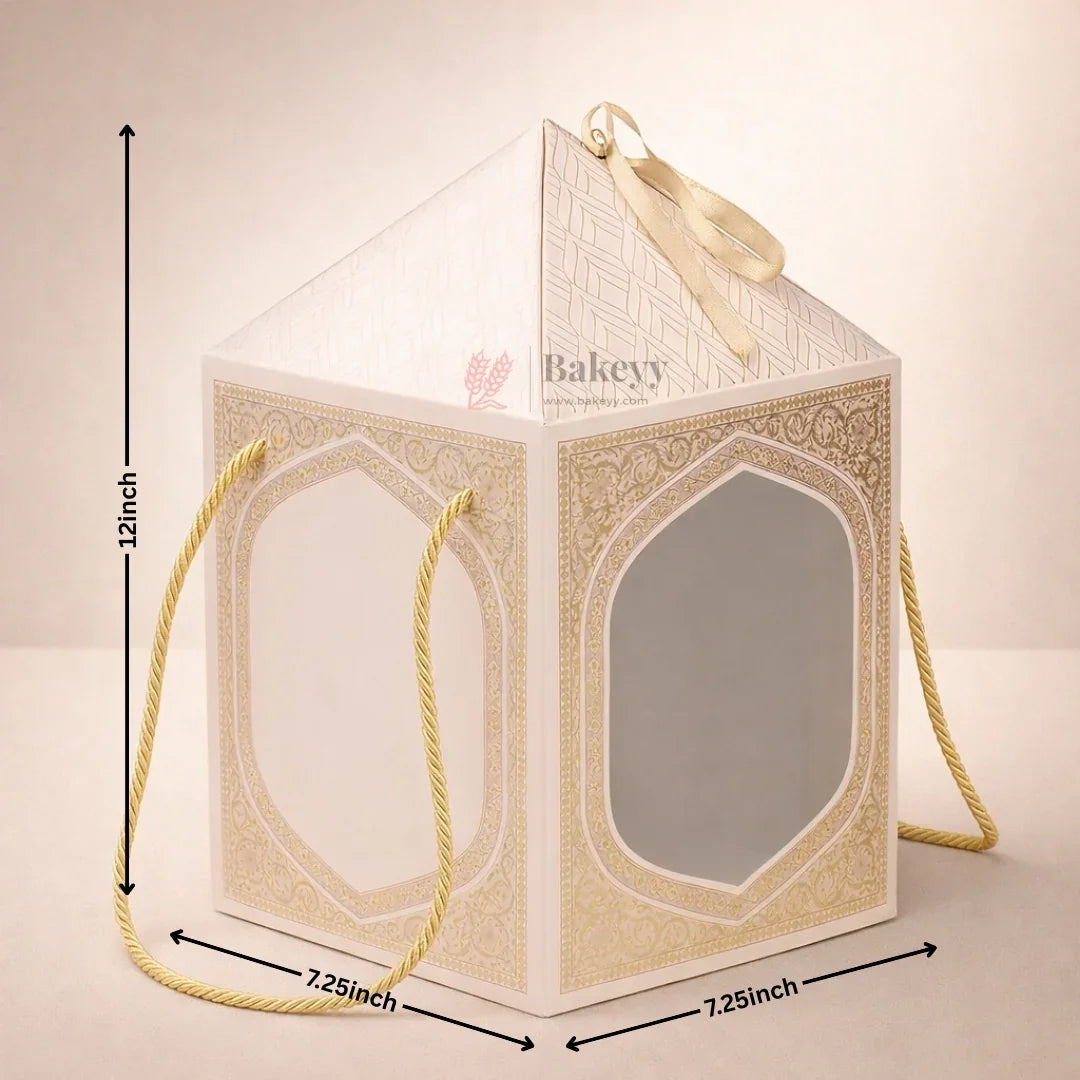 Premium Floral Window Gift Box with Rope Handle (7.25 x 7.25 x 12 Inch) | Cake Hamper & Gifting Box | Pack of 10