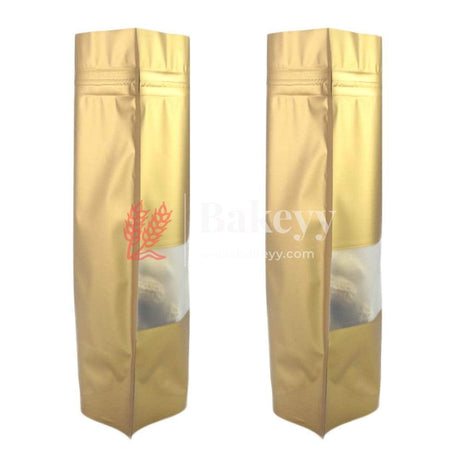 250 gm | Zip Lock Pouch | Gold Color With Window | 13.5X22 CM | Standing Pouch | 110 GSM | - Bakeyy.com - India - 250 gm | Zip Lock Pouch | Gold Color With Window | 13.5X22 CM | Standing Pouch | 110 GSM | - Pack Of 50 / 13.5X25 cm / 250 gm