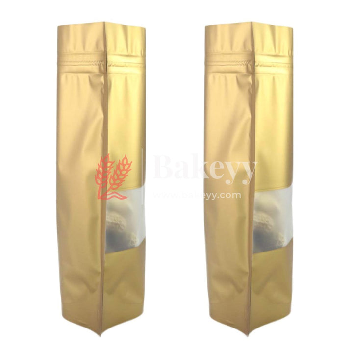 100 gm | Zip Lock Pouch | Gold Color With Window | 10x17 CM | Standing Pouch - Bakeyy.com