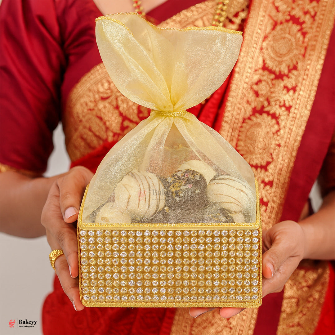 6x6x3 Inch | Golden Diamond Mesh Gift Box with Net  – Premium Return Gift Packaging | Pack  of 1