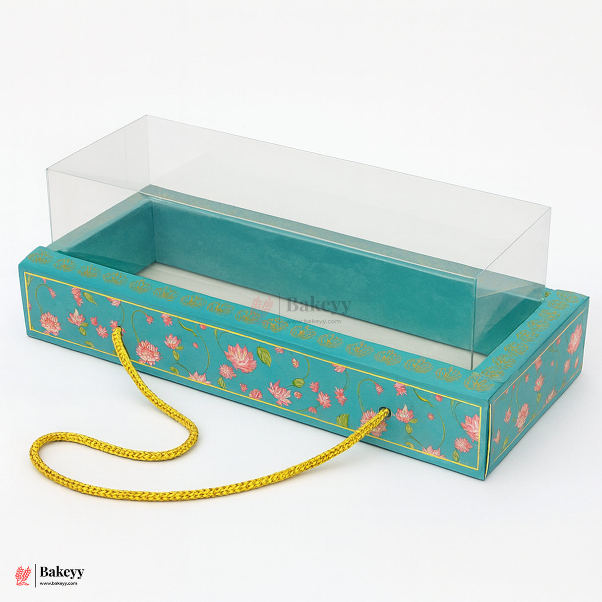 30.5x13x10cm |Turquoise Floral Gift Box with Transparent Lid & Golden Rope Handle – Empty Hamper Packaging Box  | Pack of 10