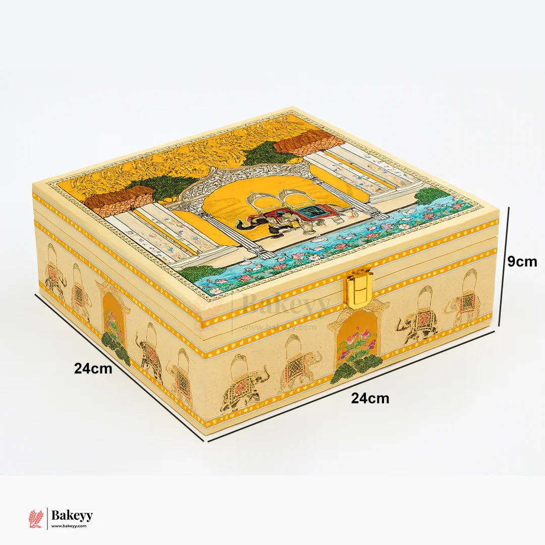 24x24x9 cm | Royal Pichwai Decorative Square Gift Box – Handcrafted Hard Box Storage with Lock | Pack of 1