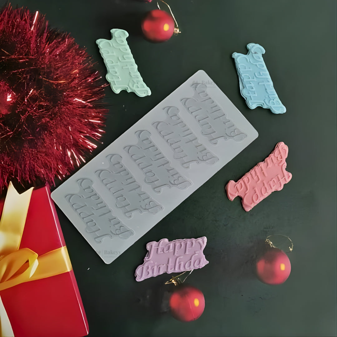 5 Cavity Happy Birthday Script Silicone Mould | Text Design for Chocolates & Cake Decorations | Pack of 1 