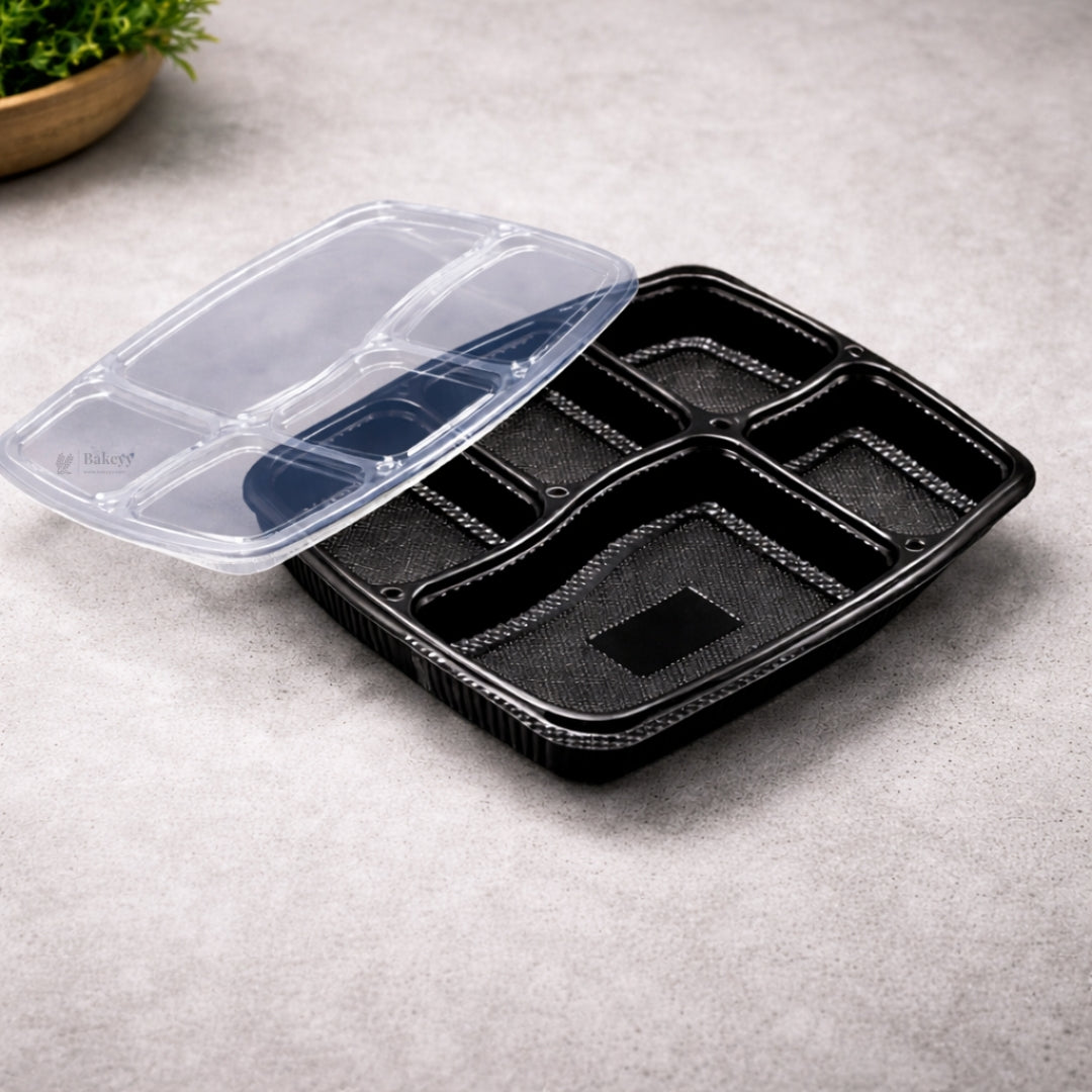 5 Compartment Plastic Meal Tray with Lid | Black Disposable Food Packaging Container for Takeaway, Catering & Meal Prep | Pack of 25