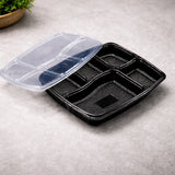 5 Compartment Plastic Meal Tray with Lid | Black Disposable Food Packaging Container for Takeaway, Catering & Meal Prep | Pack of 25