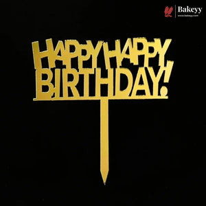 Gold metal 'HAPPY BIRTHDAY!' cake topper with a single stake, shown on a solid black background. The Bakeey brand logo is visible in the top right corner.