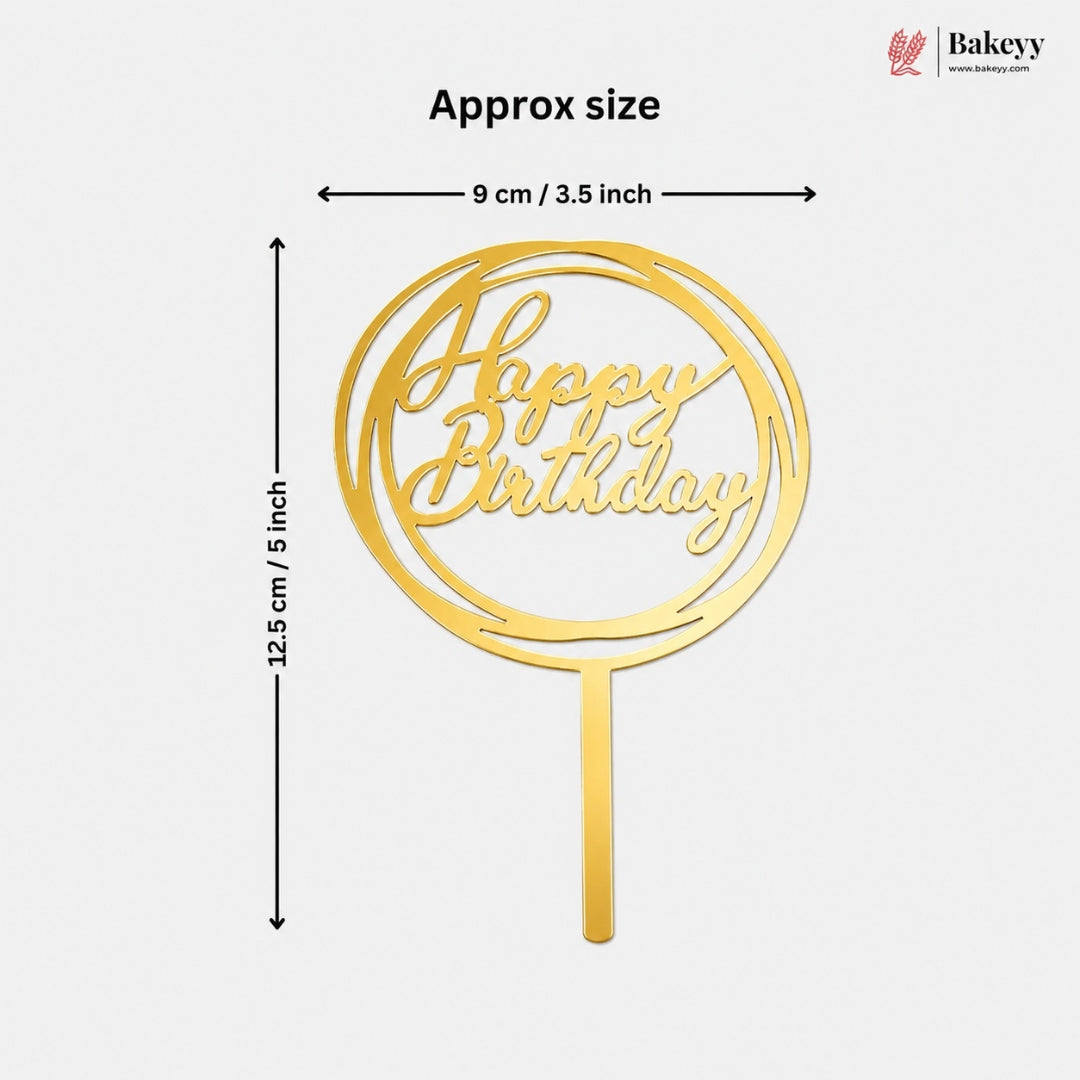 Gold-colored metal 'Happy Birthday' cake topper with dimension annotations showing its height of 12.5 cm (5 inches) and width of 9 cm (3.