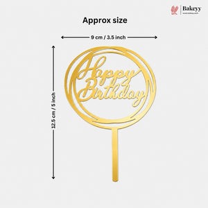 Gold-colored metal 'Happy Birthday' cake topper with dimension annotations showing its height of 12.5 cm (5 inches) and width of 9 cm (3.