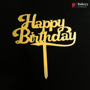 Gold 'Happy Birthday' script cake topper on a black background, with a Bakeey logo in the top right corner.