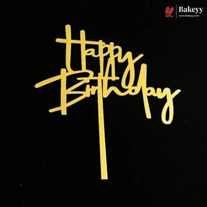 Gold 'Happy Birthday' script cake topper on a black background, with a Bakeey brand logo in the top right corner.