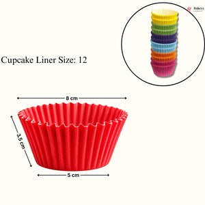 Red cupcake liner with measurements and a inset of colorful cupcake liners.