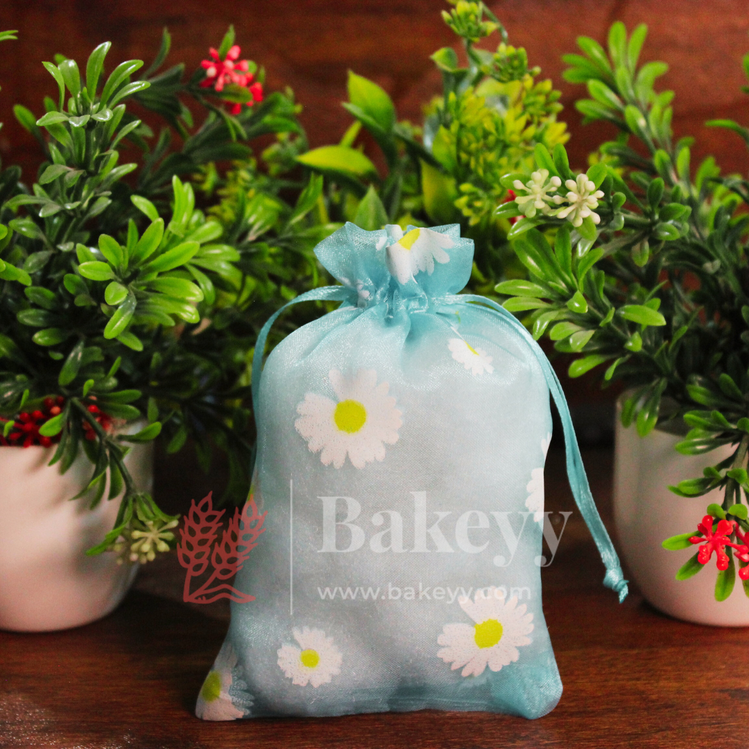 10x14 CM | Floral Designs Organza Potli Bags | Pack of 100 | Sky Blue Color | Candy Bag