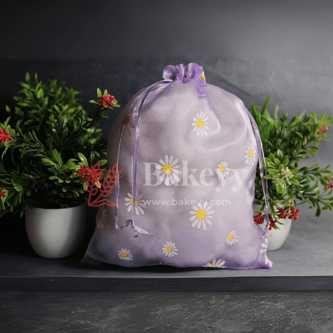 20x25 CM | Floral Design Organza Potli Bags | Purple Color | Candy Bag | Pack 0f 50 - Bakeyy.com - India - 20x25 CM | Floral Design Organza Potli Bags | Purple Color | Candy Bag | Pack 0f 50 - Default Title
