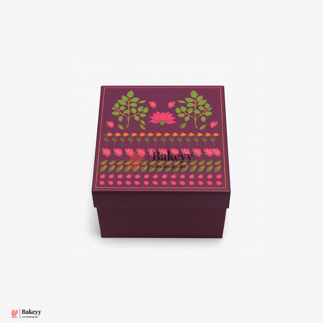 8x8x4 Inch | Medium Floral Printed Premium Square Gift Box – Purple | Reusable Rigid Hamper Packaging  | Pack Of 1