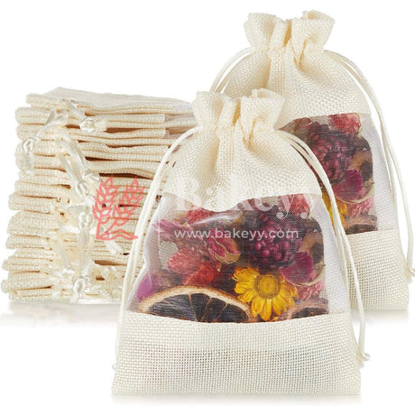 13x18 CM | Cream | Jute Potli Window Bag | Gift Return Gifts Bags | Drawstring Bags - Bakeyy.com - India - 13x18 CM | Cream | Jute Potli Window Bag | Gift Return Gifts Bags | Drawstring Bags - Pack Of 10 / 5303 / 5x7 Inch