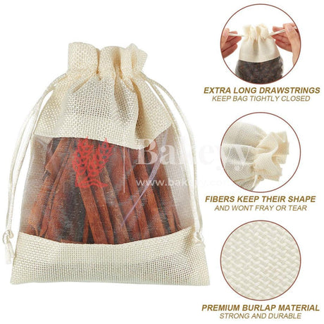 13x18 CM | Cream | Jute Potli Window Bag | Gift Return Gifts Bags | Drawstring Bags - Bakeyy.com - India - 13x18 CM | Cream | Jute Potli Window Bag | Gift Return Gifts Bags | Drawstring Bags - Pack Of 10 / 5303 / 5x7 Inch