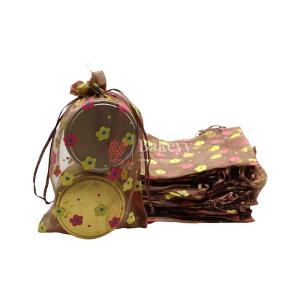 5x7 Inch | Floral Designs Organza Potli Bags | Pack of 100 | Brown Color | Candy Bag | Pack of 100 - Bakeyy.com