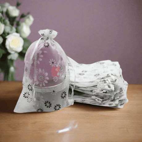 13x18 CM | Floral Designs Organza Potli Bags | Pack of 100 | White Color | Candy Bag - Bakeyy.com - India - 13x18 CM | Floral Designs Organza Potli Bags | Pack of 100 | White Color | Candy Bag - Default Title