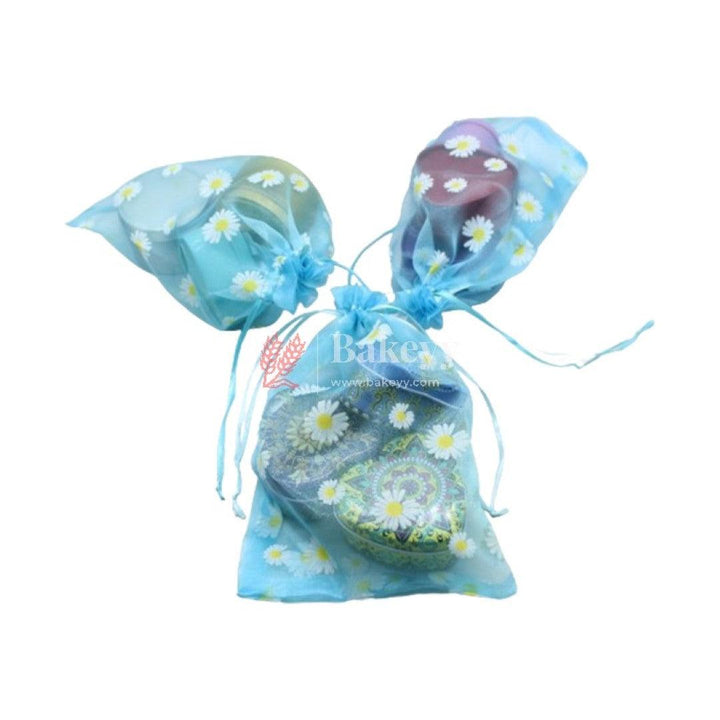 5x7 Inch | Floral Dots Designs Organza Potli Bags | Pack of 100 | Blue Color | Candy Bag - Bakeyy.com