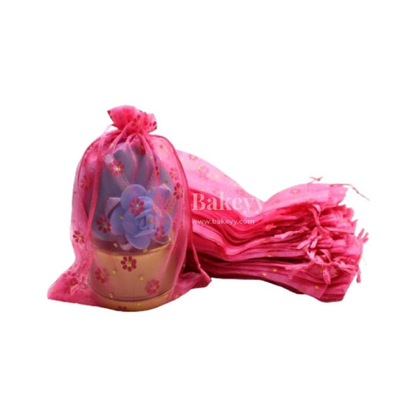 5x7 Inch | Floral Organza Potli Bags | Pack of 100 | Dark Pink Color | Candy Bag - Bakeyy.com